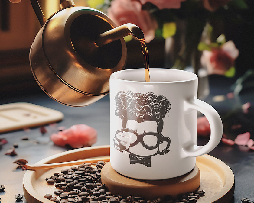 On a grey concrete table scattered with coffee beans, a male hand pours coffee from a gold kettle into a white mug with a grey face card logo. Pink flowers and petals adorn the scene.