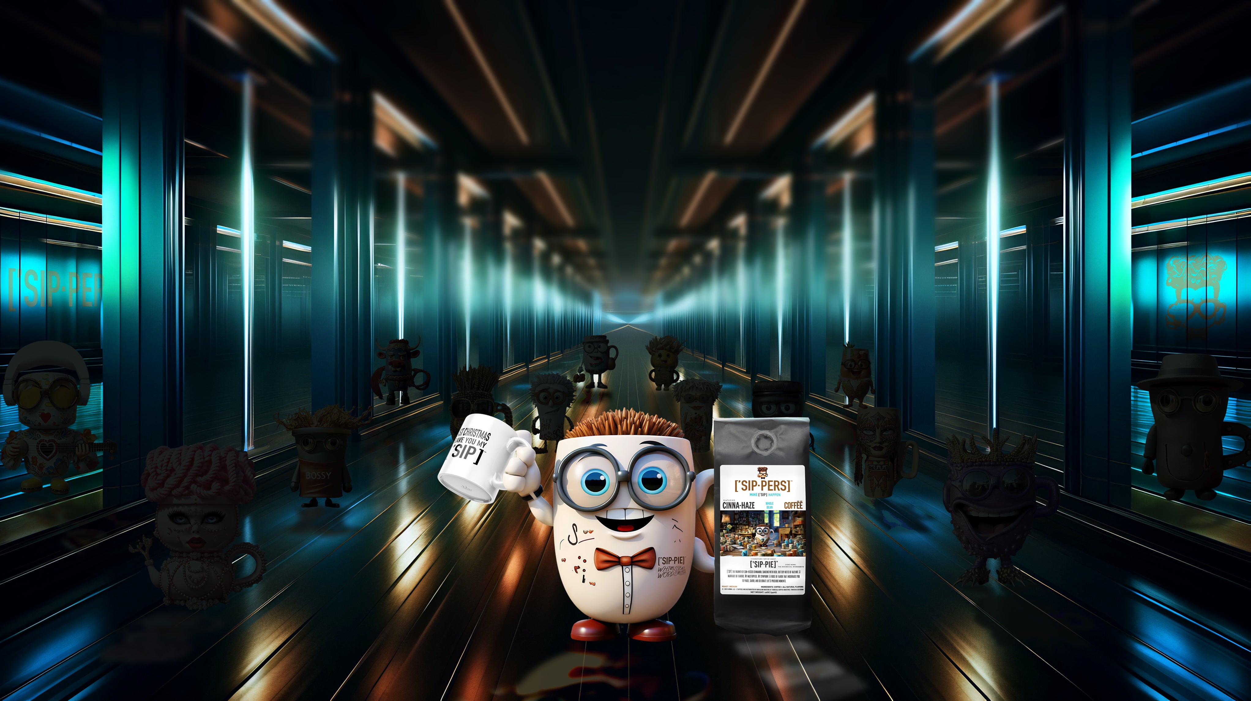 A futuristic room with a coffee mug character called Sippie, holding his mug and coffee bag products with a group of coffee mug characters behind him.