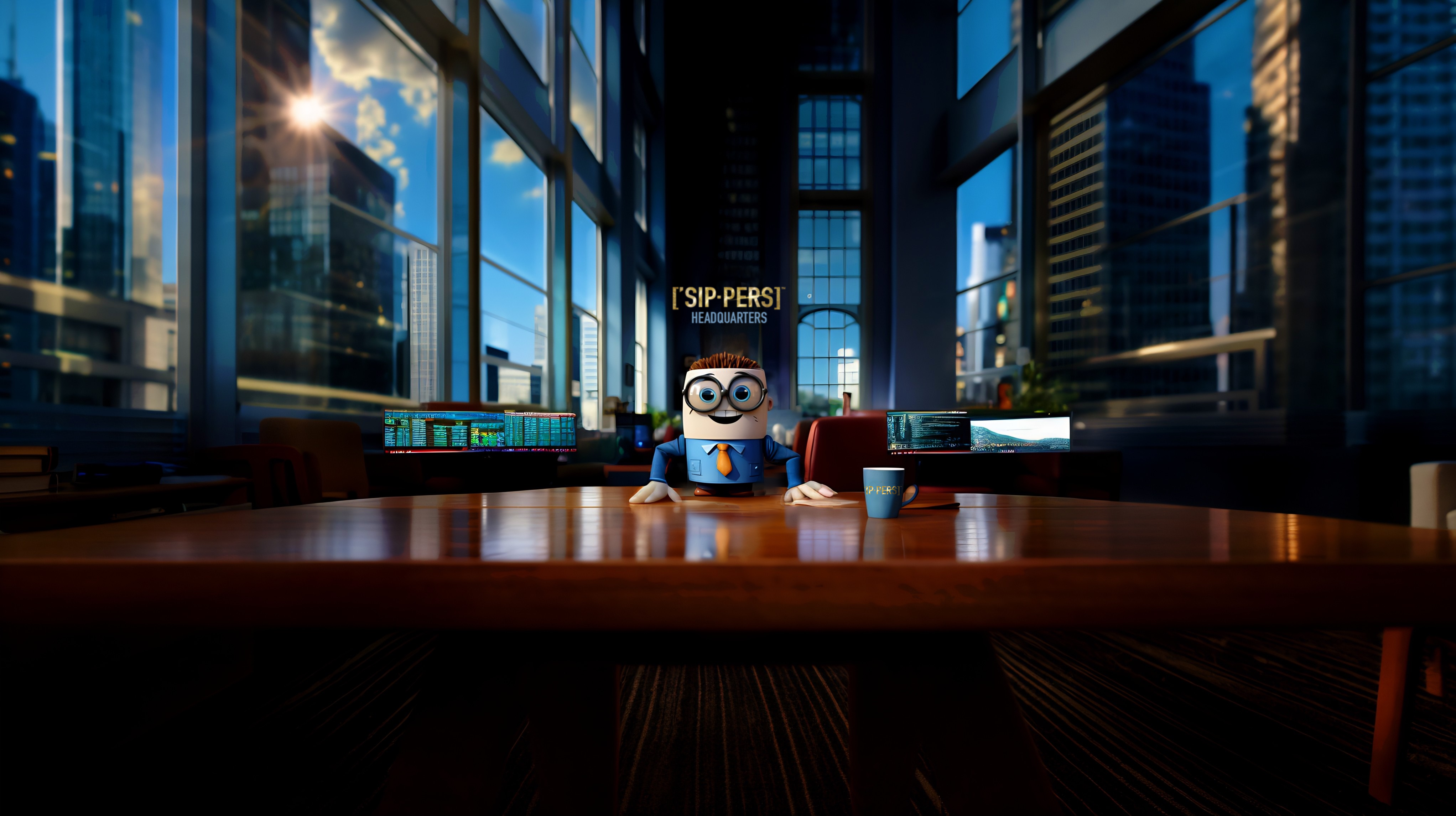 Sippie, a coffee mug character with grey round glasses, big blue eyes, and a smile, dons a blue shirt and orange tie. He sits in a spacious office with tall windows, high ceilings, and multiple computer monitors. A gold-lettered sign on the back wall reads 'SIPPERS HEADQUARTERS'.