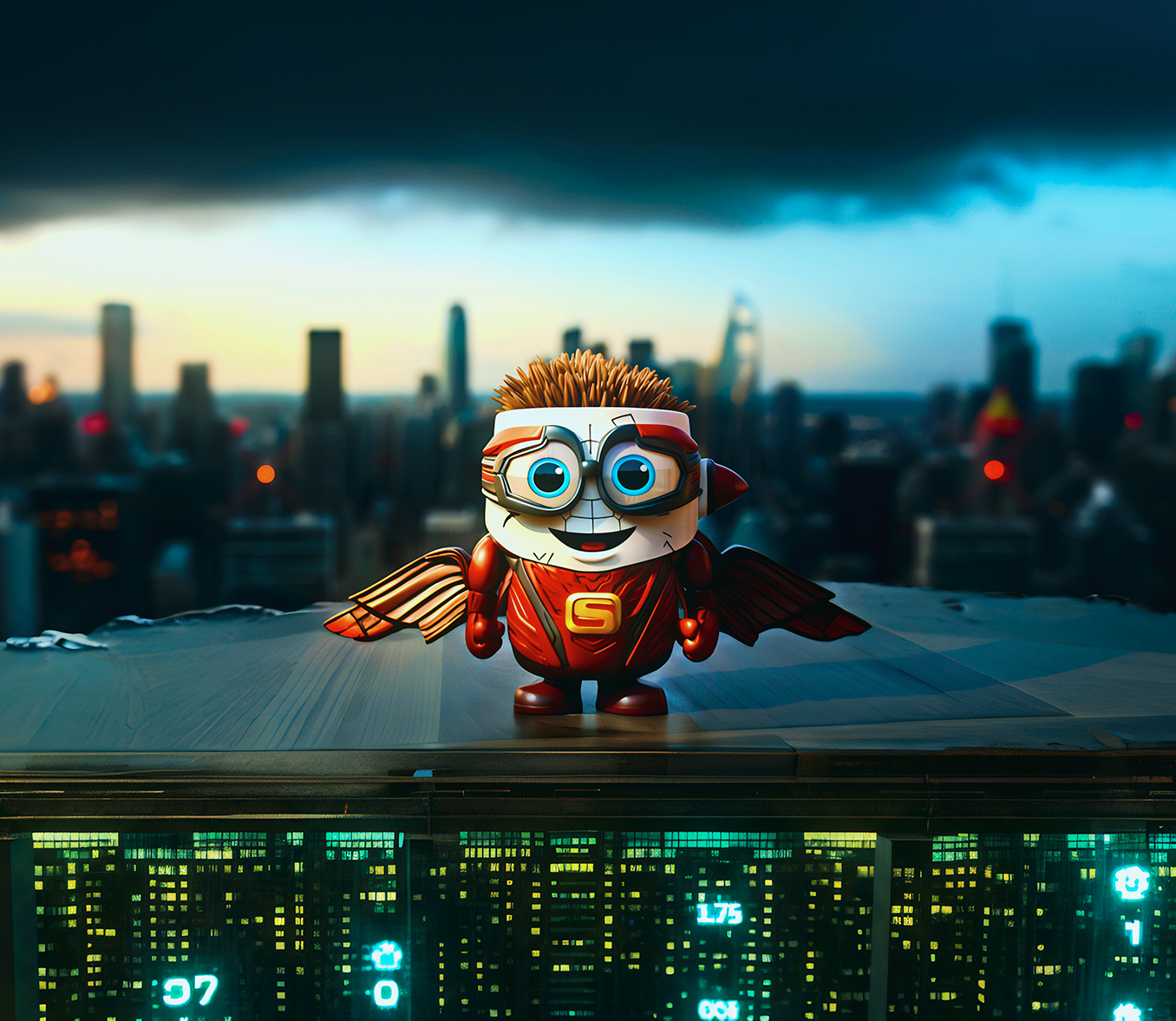 Sippie the coffee mug character in a superhero suit with an S on his chest standing on the ledge of a high-rise overlooking the city at dusk.