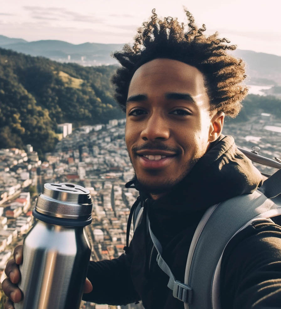 A smiling black male hiker with a twists hairstyle, wearing a hoodie, stands in front of a breathtaking cliff view overlooking mountains and homes, holding a silver thermos.