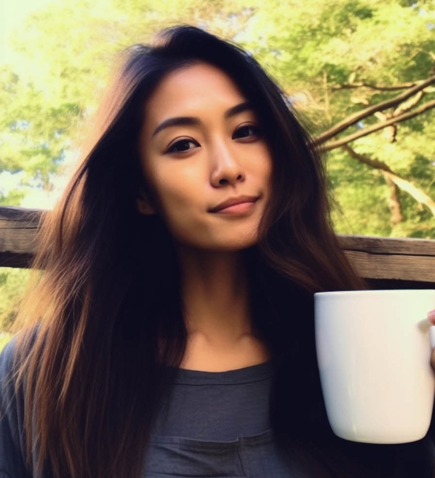 An Asian mixed female with long brunette hair in a dark grey blouse with a front pocket sits outside against a wooden post with green trees. She holds a white coffee mug and looks directly into the camera.