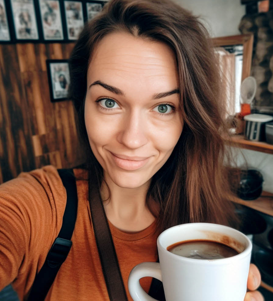 A smiling brunette female with green eyes, wearing an orange t-shirt and a backpack, holds up a white mug filled with dark coffee. She's in a room adorned with pictures on the wall and shelves.