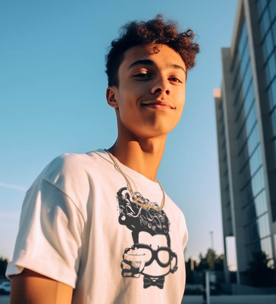 A young mixed teenager with curly hair grins at the camera in a parking lot by a tall building. He's wearing a white t-shirt featuring a black face card logo and sports a gold chain.