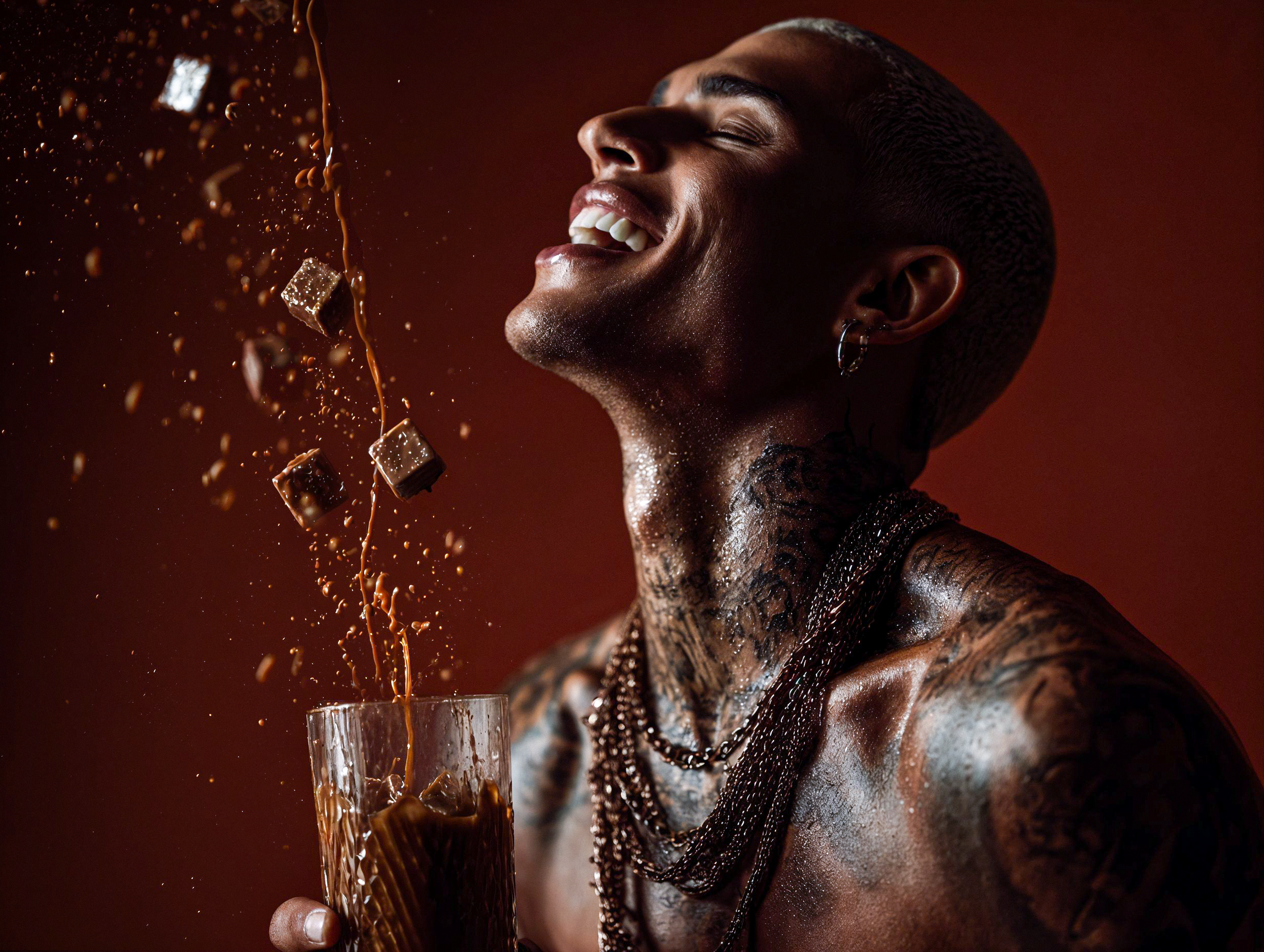 Man pouring a glass of dark liquid with ice cubes, set against a warm brown background