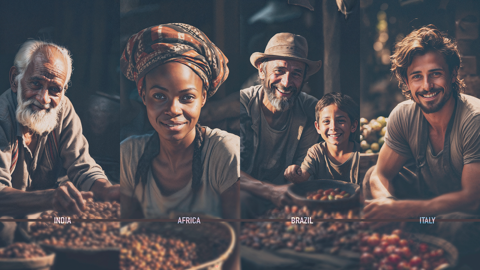 A group of diverse coffee bean farmers from around the globe smiling and happily showcasing their colorful coffee beans.