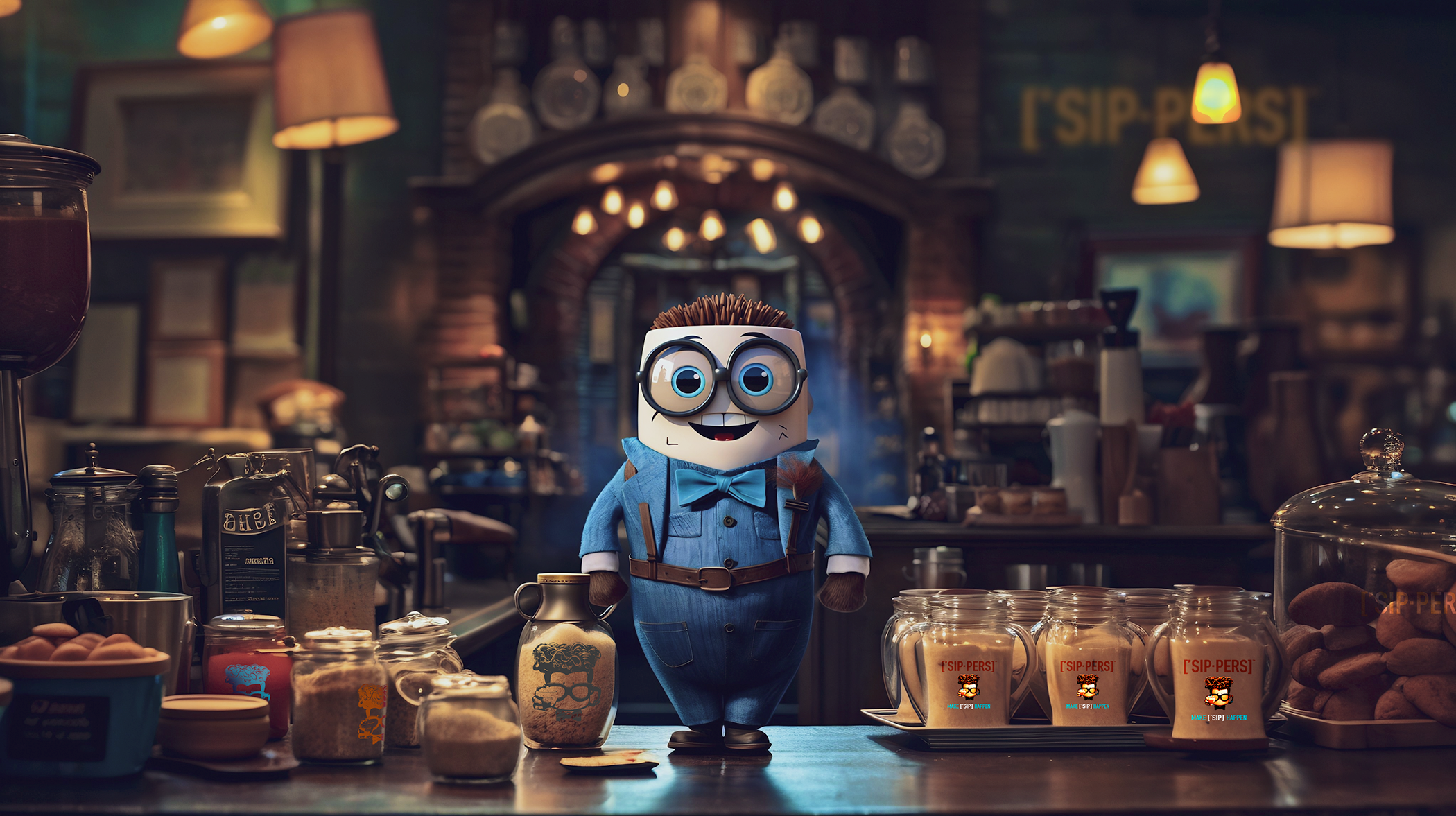 jovial coffee mug character with glasses, wearing a blue tweed suit and brown accessories standing on the counter in a quaint vintage coffee shop surrounded by products